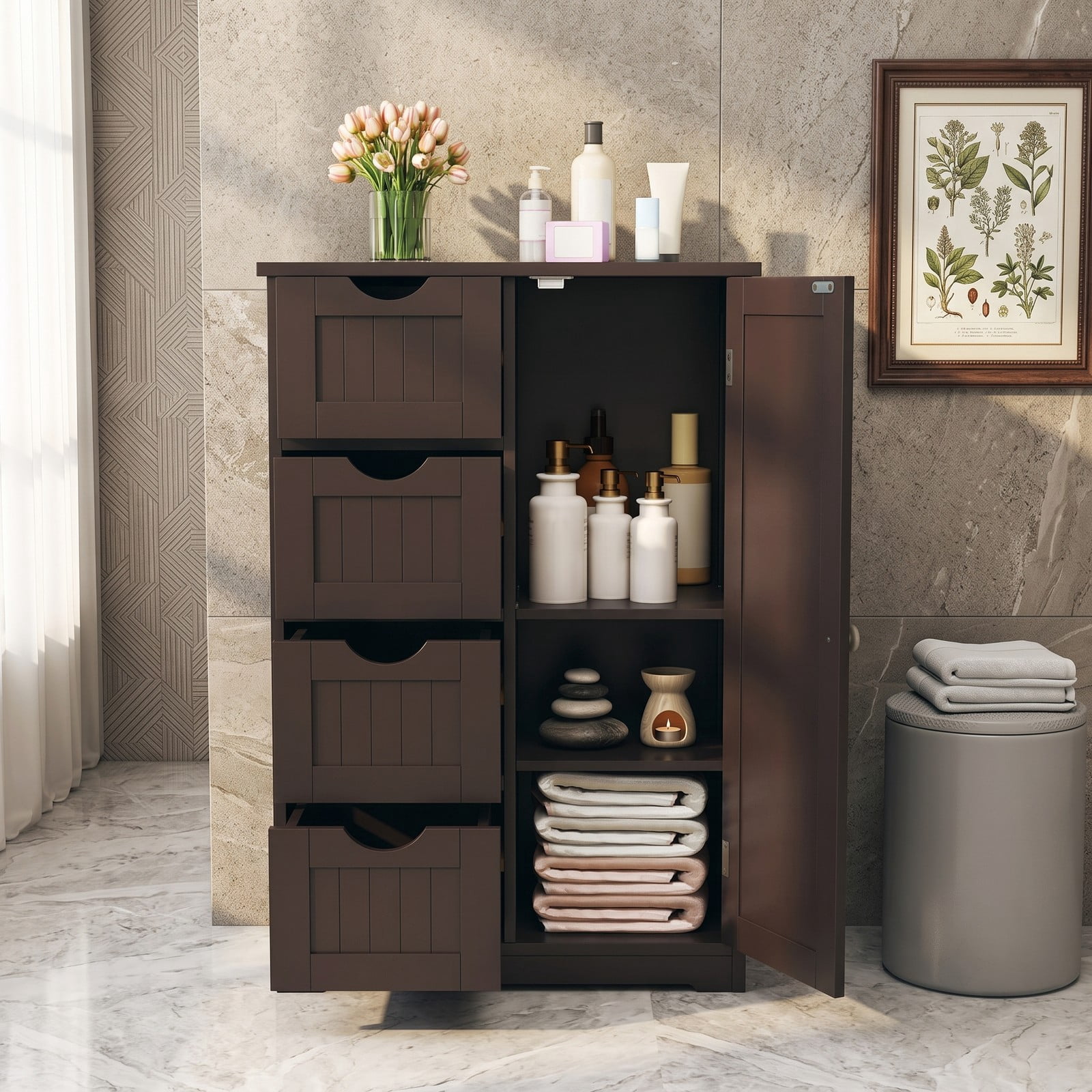 Fenbeli Freestanding Wooden Storage Cabinet with 4 Drawers and Side Door, Modern Bathroom Floor Cabinet Organizer for Living Room Bedroom Entryway, Anti-Tipping, Brown