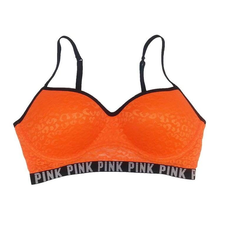 Victoria's Secret Pink Animal Lace Push-Up Bralette Logo Bra Neon Orange L  A-C 