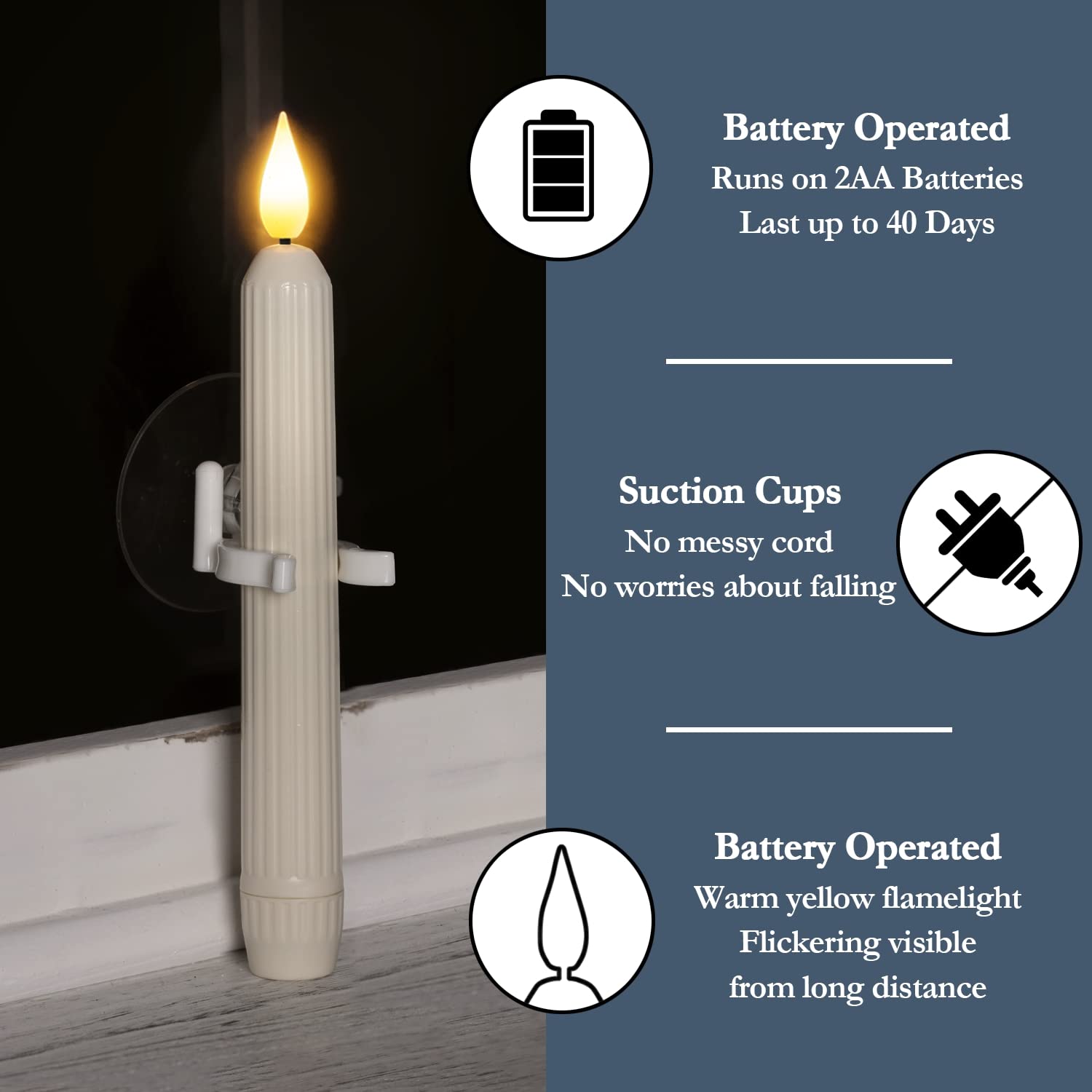 Premium 6-Pack Christmas Window Candles - Roman Column Battery Operated Candles with Dusk-to-Dawn Sensor & Suction Cups, Ivory Striped Flameless Taper Candles for Holiday Decor