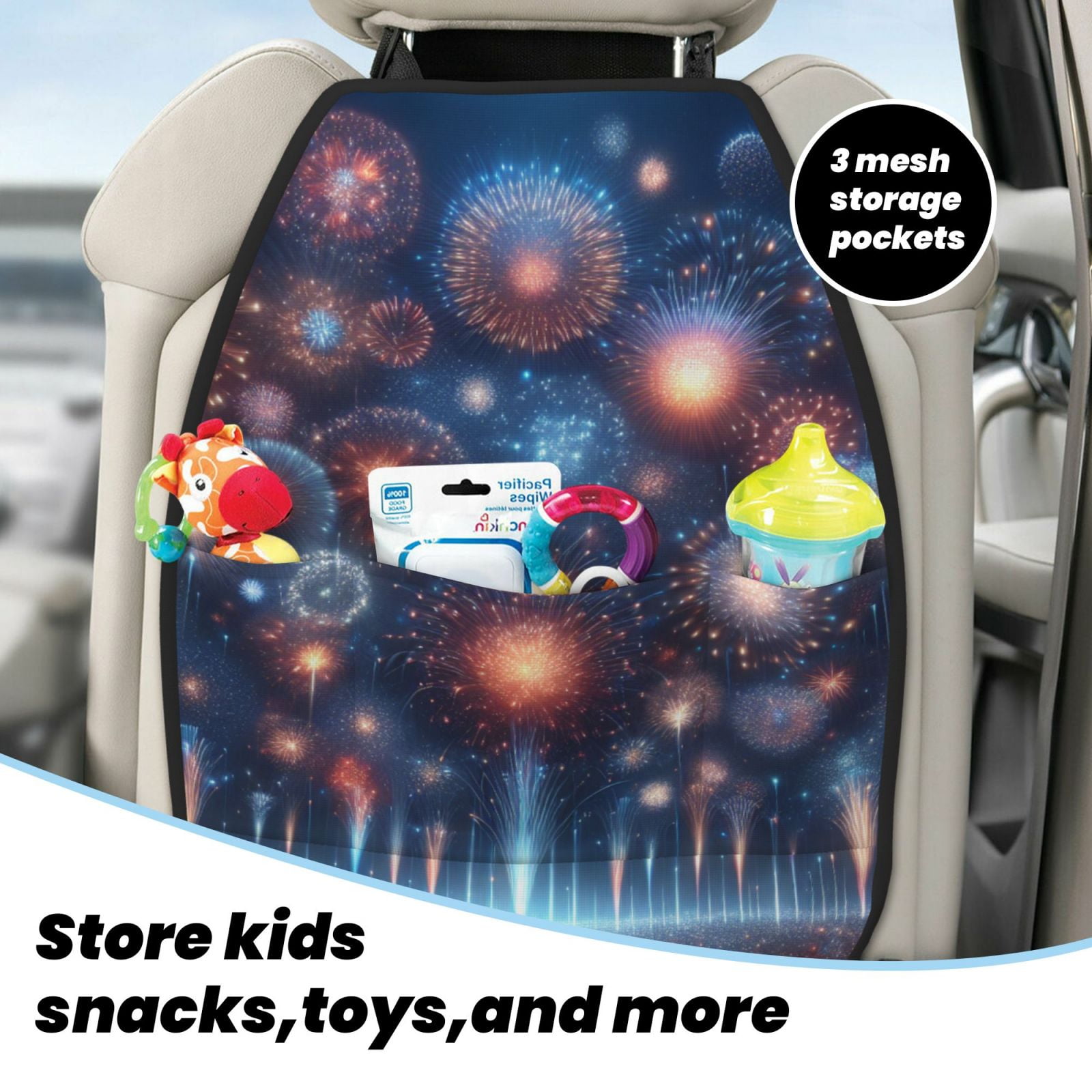 Xecao Fireworks1 Pattern Car Seat Back Protector 2 Pack Large Capacity Pocket, Kick Mats Back Seat Protector