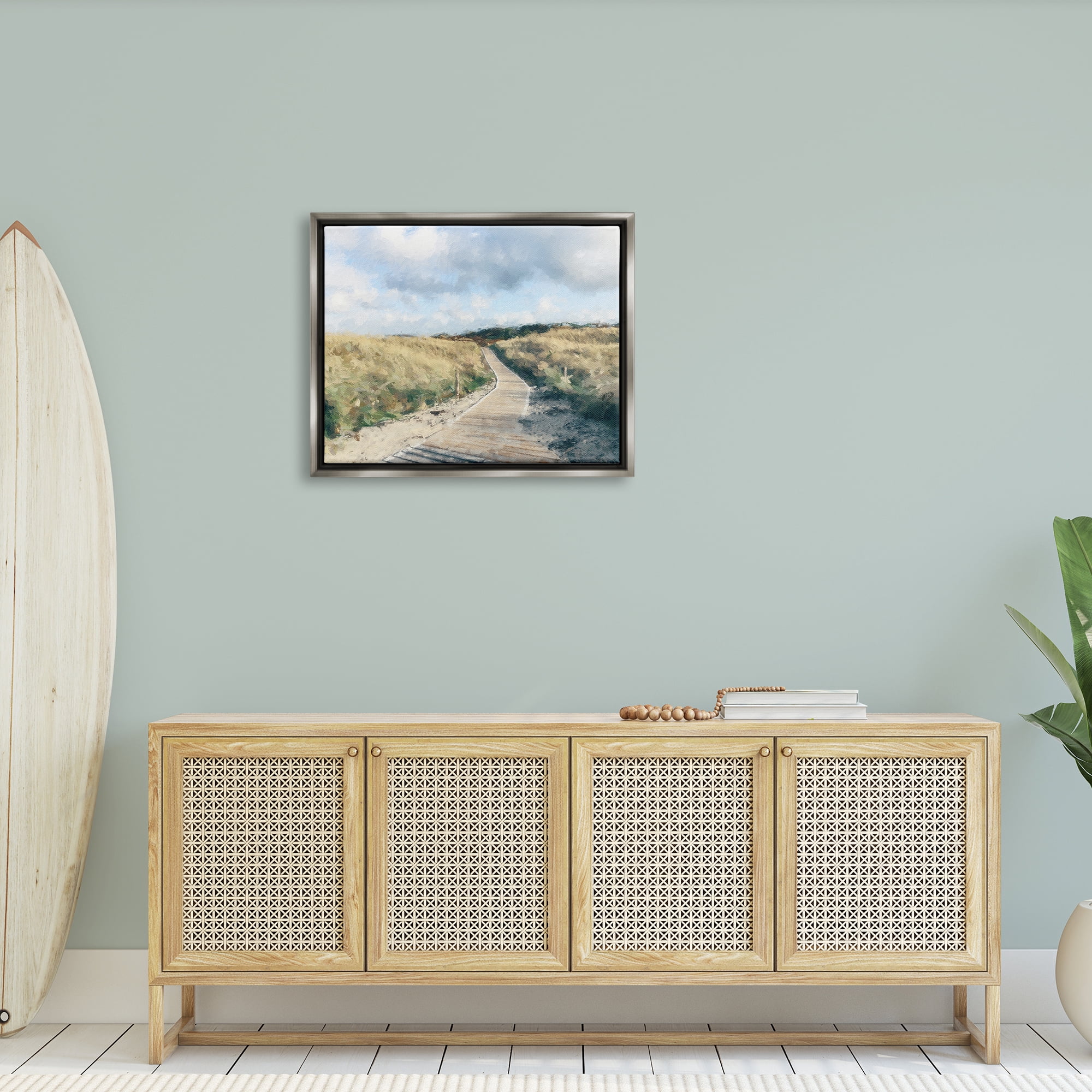 Stupell Coastal Boardwalk Path Landscape Landscape Painting Gray Floater Framed Art Print Wall Art
