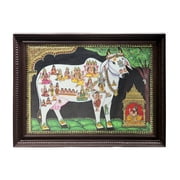 Nandini The Holy Cow Tanjore Painting | Traditional Colors With 24K Gold | Teakwood Frame | Gold & Wood | Handmade | Made In India