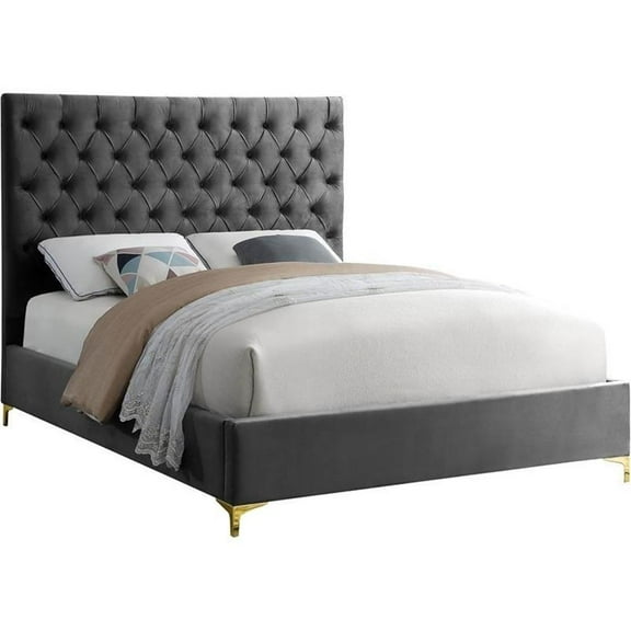 Maklaine Contemporary Solid Wood Tufted Velvet Full Bed in Gray