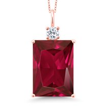 Gem Stone King 18K Rose Gold Plated Silver Red Created Ruby and White Topaz Pendant Necklace for Women (20.33 Cttw, Emerald Cut 18X13MM, With 18 inch Silver Chain)