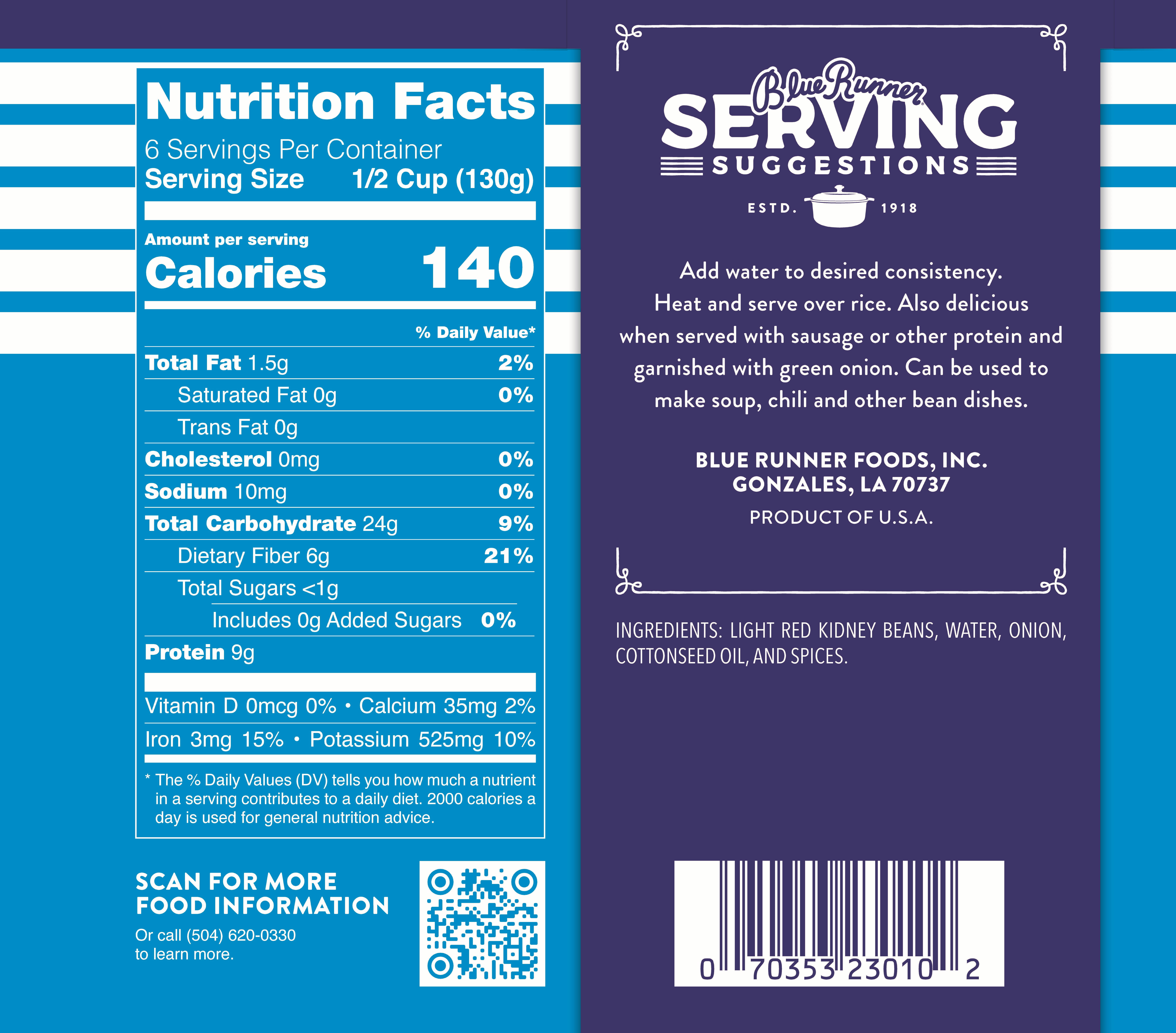 Blue Runner Creole Cream Style Red Beans, No Salt Added, 27 oz Can, Heat and Serve