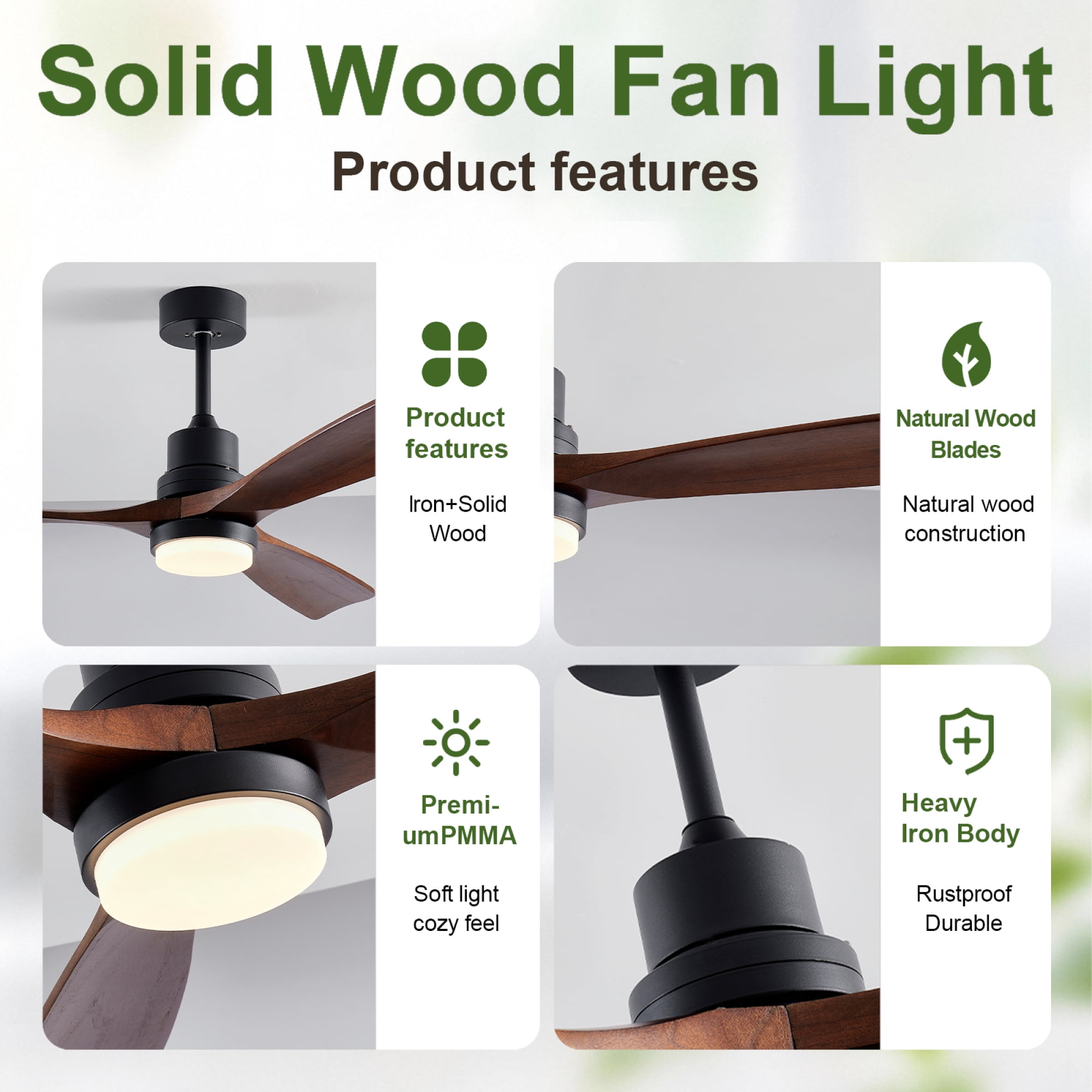 Leumius 52" Wooden Ceiling Fans with Lighted Remote Control, Modern Ceiling Fan with 3 Fan Blades for Patio, Living Room, Farmhouse (Black+Walnut)