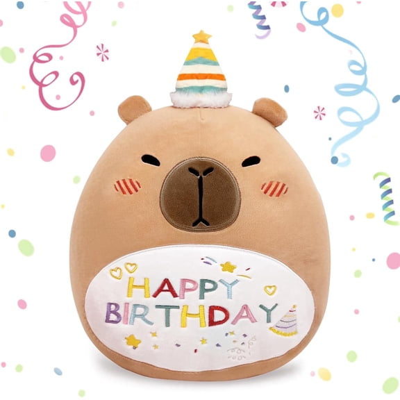 14inch Happy Birthday Capybara Plush Pillow - Cute Stuffed Animal with Birthday Text, Kawaii Gift for Kids, Boys, Girls, Birthday Party Favors & Decor