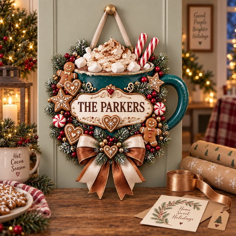Hit Coc Personalized Hot Cocoa Gingerbread Wreath Wooden Sign Christmas Decor ...