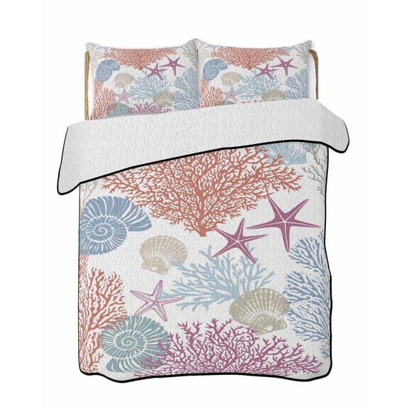 Quilts Twin Size Bedding Set, Red Blue Coastal Lightweight Quilted Comforter, Coral Conch Starfish Nautical Ocean Soft Reversible Bedspread Coverlet with Pillow Covers for All Season, 68" x 86"