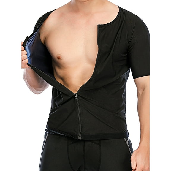 FUTATA Men's Weight Loss Sauna Shirt Workout Shirt Hot Sweat Suit Sweat Body Shaper Polymer Sweat Zipper Short Sleeve