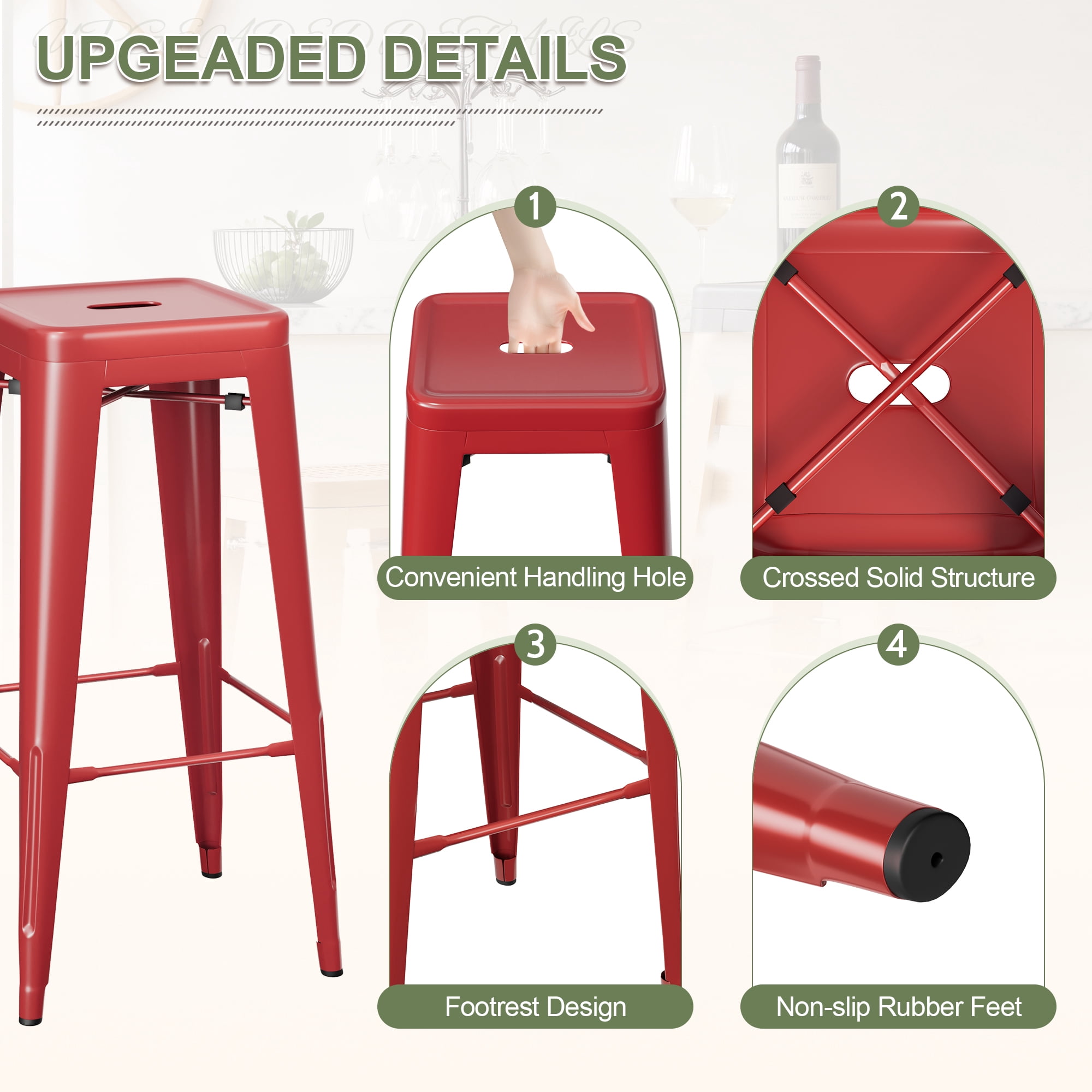 VINEEGO 30 inches Metal Bar Stools High Backless Stackable Stools Indoor-Outdoor Counter Stools Set of 4 (Red)
