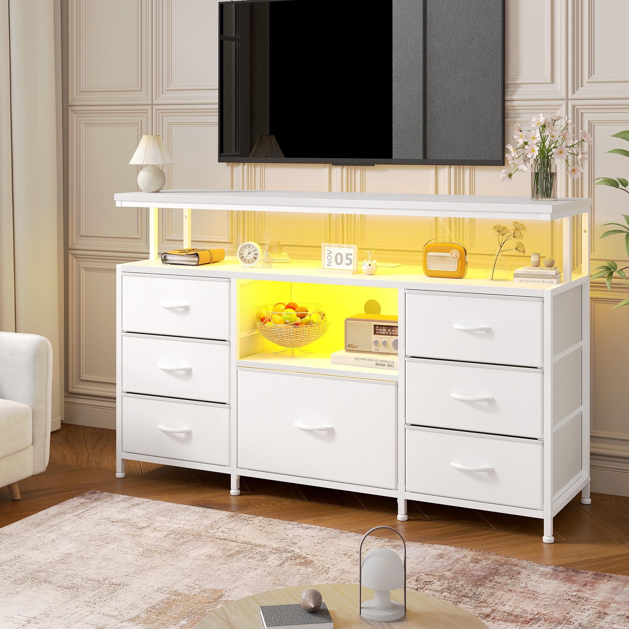 Dresser TV Stand for Bedroom with LED Lights & Power Outlets for 55" TV Wide Dresser for Bedroom with 7 Drawers & Open Shelves for Living Room, Sturdy Frame, White