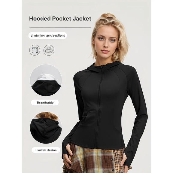 PISONIC Women's Polyester Fabric Hooded Jacket - Slim Fit, Breathable, High Stretch, with Pocket - For Sports & Outdoor Activities - Ideal Gift for Active Women