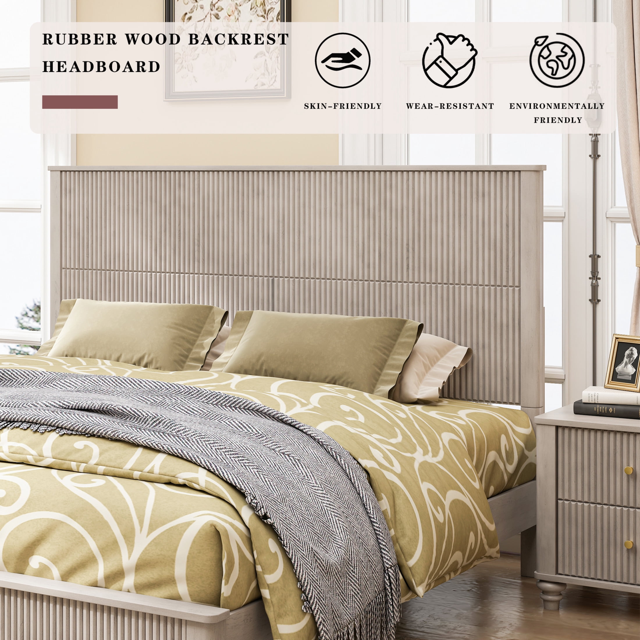 GDF Studio King Size Solid Wood Platform Bed with Tall Headboard, No Box Spring Needed, Beige