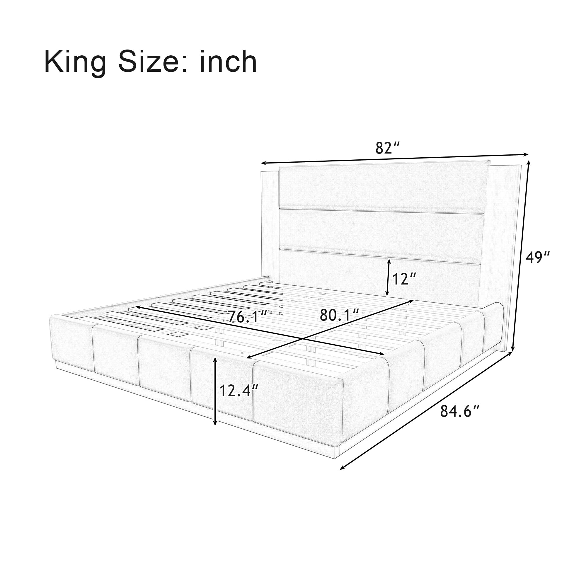 Euroco Upholstered King Size Platform Bed, Velvet Bed with High Wood Headboard, Grey