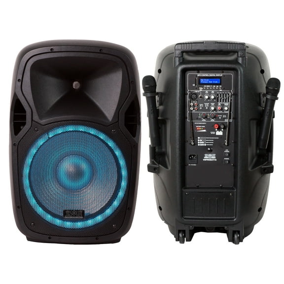 Absolute USA USPROBAT15 15" Portable Bluetooth PA Speaker System 3500W Rechargeable Outdoor Bluetooth Speaker Portable PA System w/ 2 Wireless Microphone, MP3 USB SD Card Reader, FM Radio, Rollin