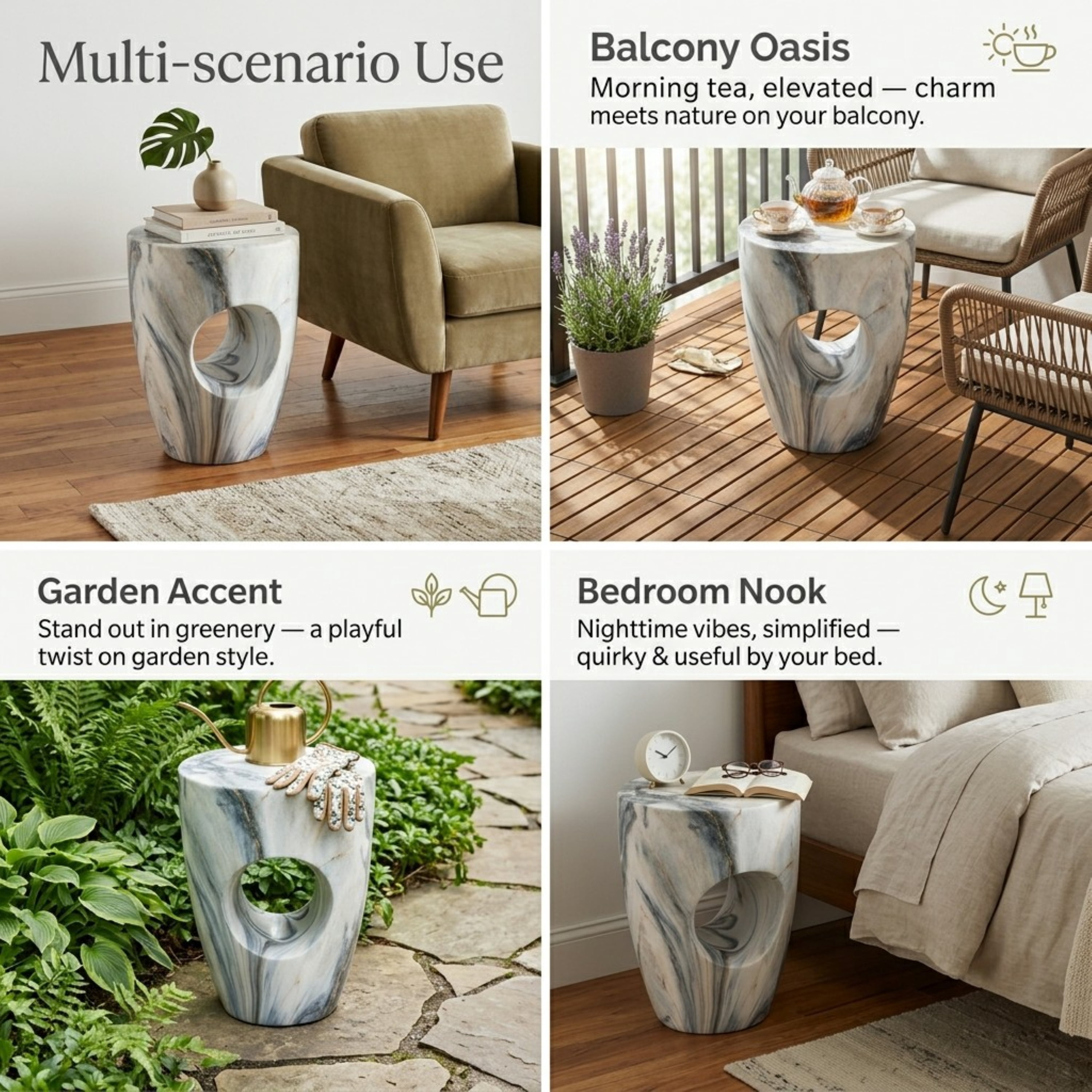 Round MGO Side Table 14.96 Inch, Faux Marble Outdoor Garden Stool and Indoor End Table, No Assembly Required, Blue Marble