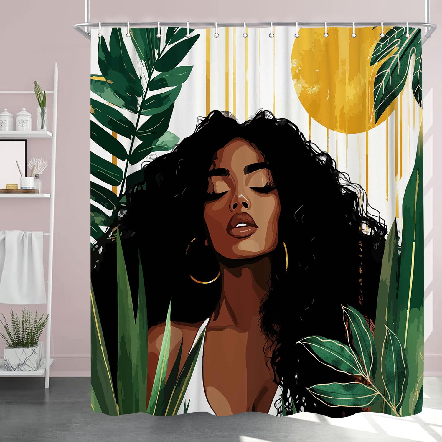 African American Woman Shower Curtain, Sexy Black Girl Lady Bathroom Shower Curtain, Boho Minimalist Art Green Tropical Plant Leaves Modern Bathroom Curtain Set Accessories Decor with Hooks