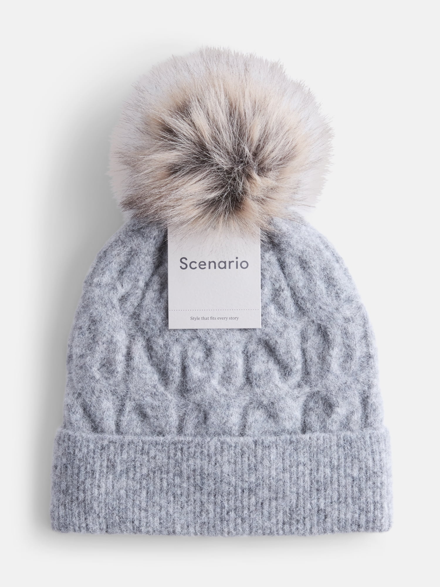 Scenario Women's Cable Knit Pom Beanie, Medium Grey Heather