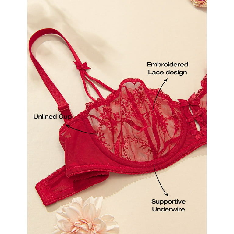 Deyllo Women’s Unlined Lace Bra Embroidered 1/2 Cup Demi Sheer See Through  Underwire Bras Non Padded,Red 38C