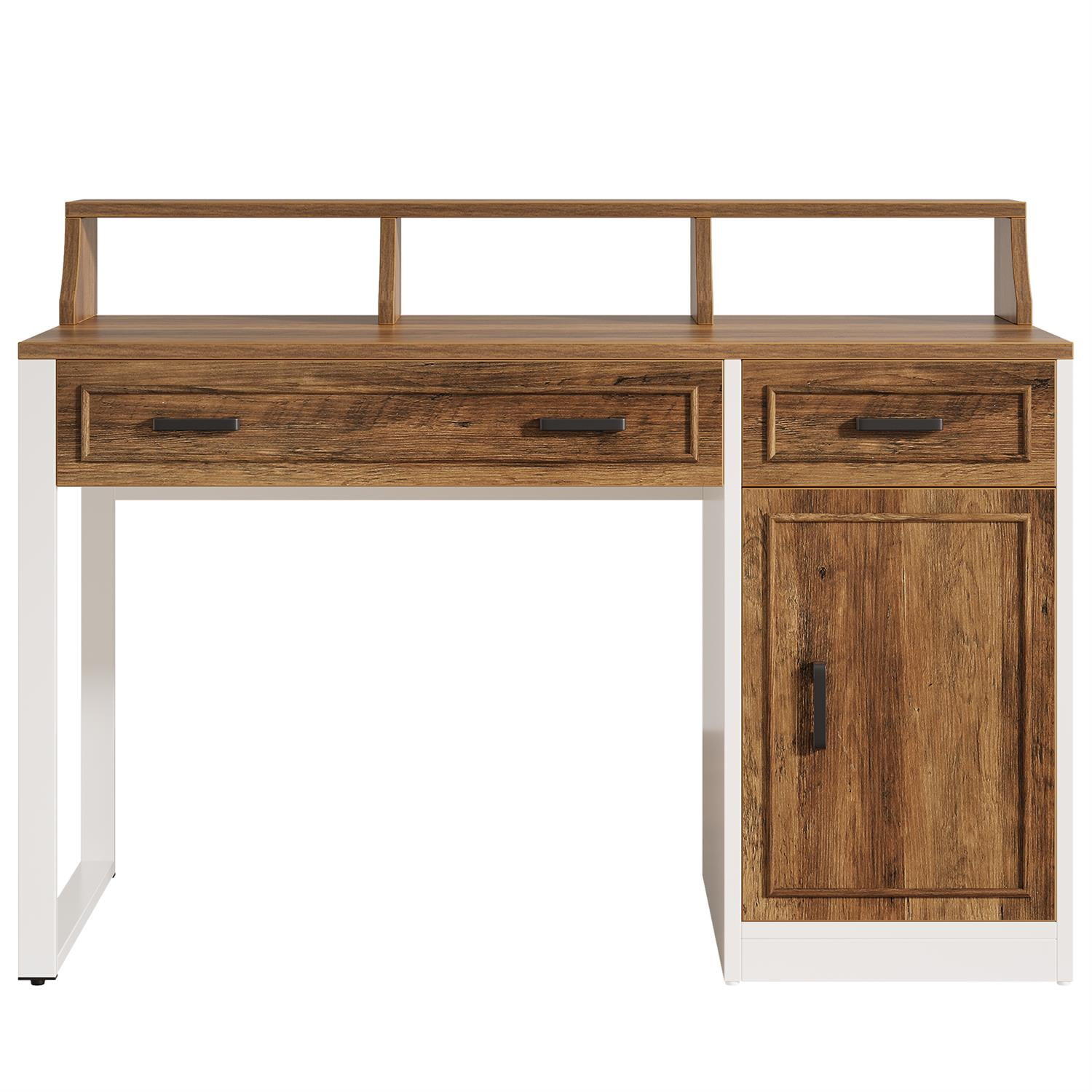 Demi Bonn 47" Executive Desk with Matching Hutch, Home Wooden Office Desk Furniture, Space-Saving Workstation, Brown