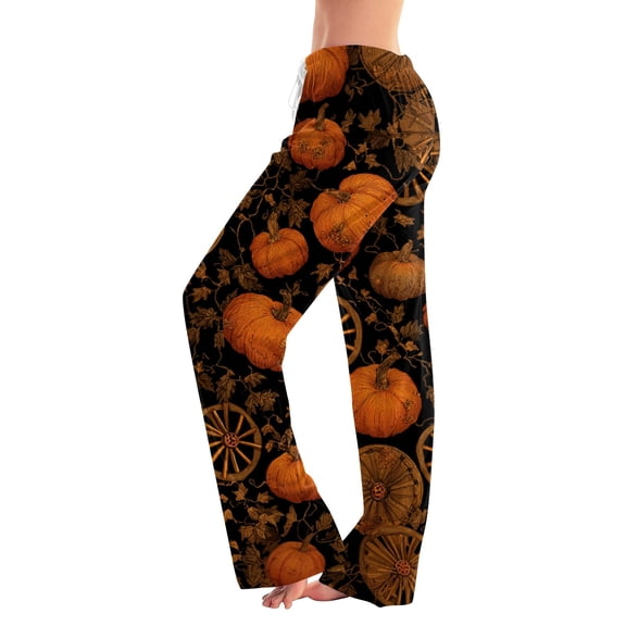Garbnen Halloween Pajamas Women Pants Pumpkins Print Lounge Pants for Women Comfy Cute Elastic Waist Fall Winter Wide Leg Women's Sleep Pants M