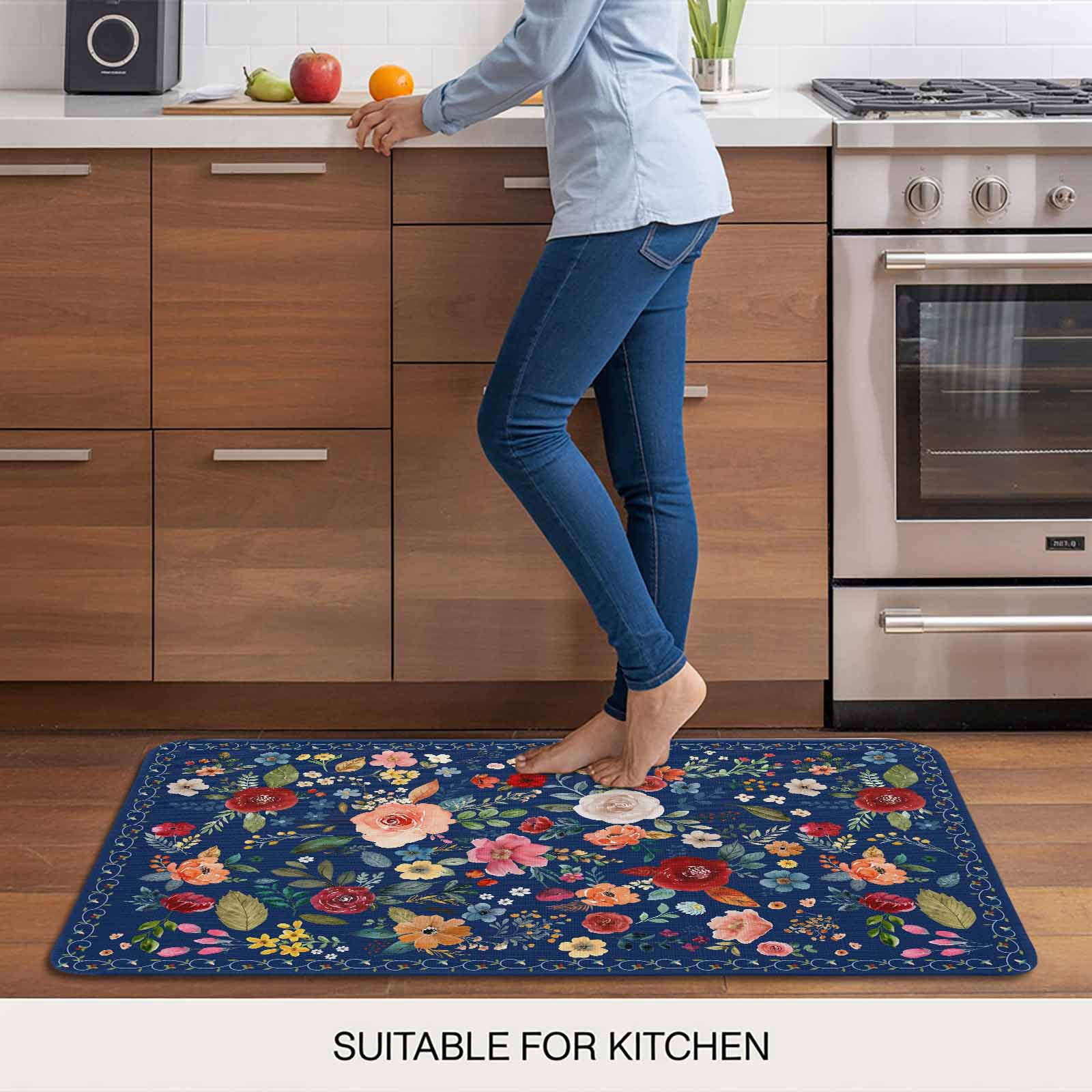 Navy Blue Flowers Doormat Outdoor Entrance 16"x24", Spring Vintage Floral Leaves Farmhouse Absorb Moisture Dirt Door Mats, Non-Slip Rubber Backing Floor Mats Indoor, Low-Profile Front Door Rugs