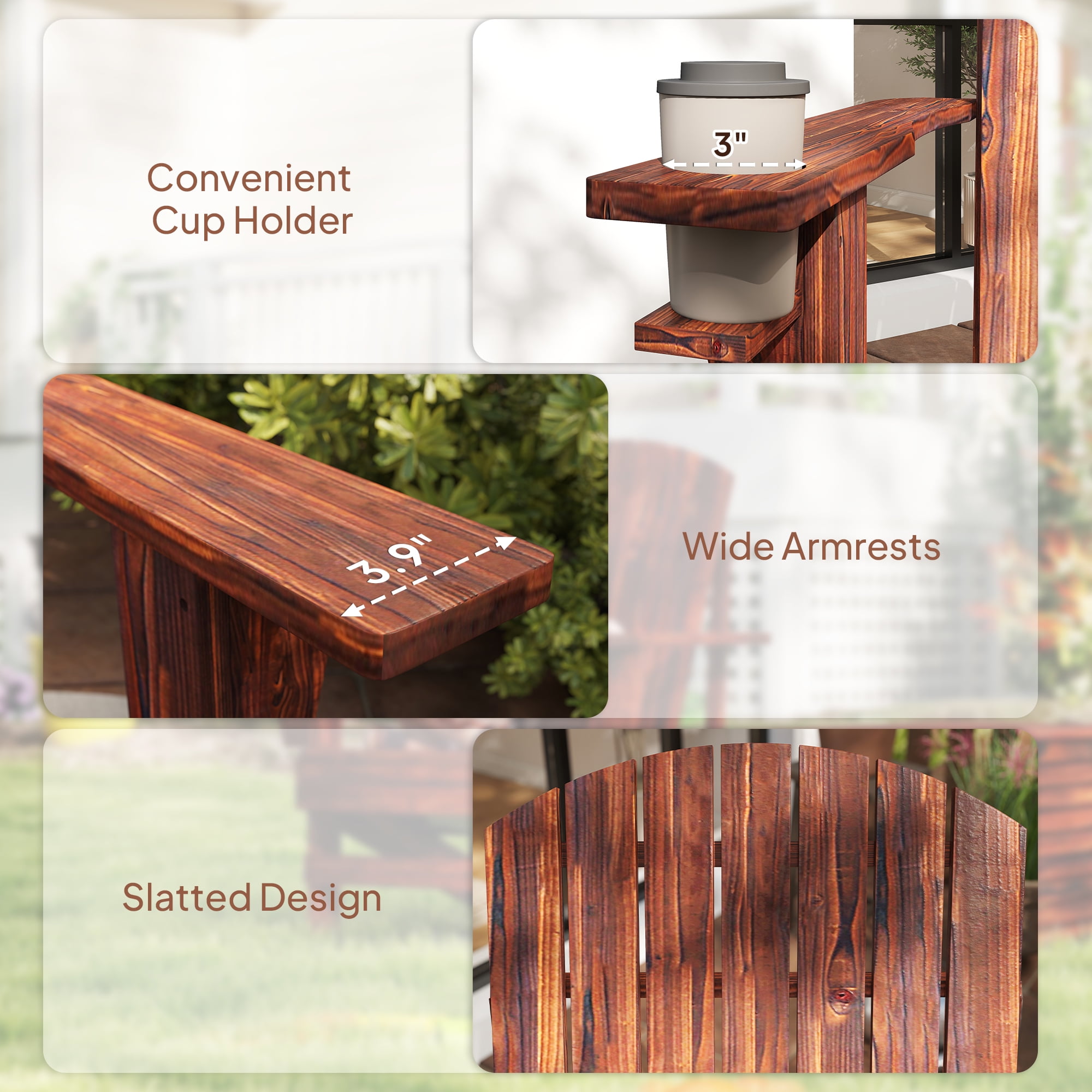 Outsunny Oversized Adirondack Chair, Outdoor Fire Pit and Porch Seating, Classic Log Lounge w/ Built-in Cupholder for Patio, Backyard, Brown