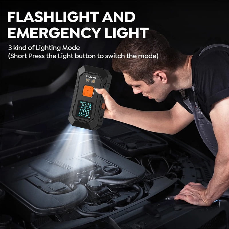BUPMOVA Car Jump Starter & Air Compressor(150PSI), 5000A Peak Portable Jump Starter Battery Pack for All Gas/10L Diesel Engine, 12V Starter Jump Box, LCD Display, Power Bank, 3-Mode LED Light