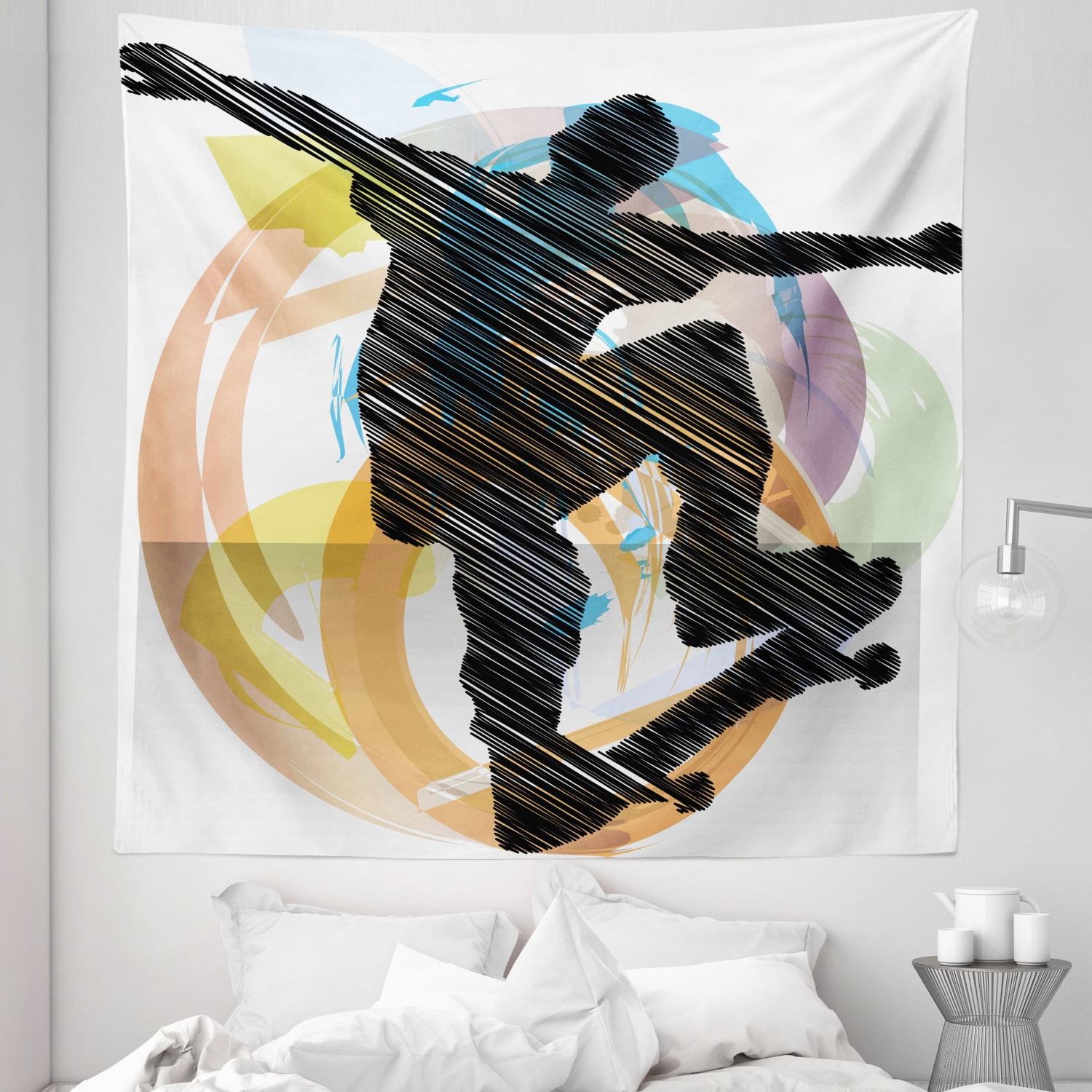 Ambesonne Teen Room Decor Tapestry, Abstract Grunge Stylized Sketch of A Skater Young Boy Exotic Sports Graphic, Wall Hanging for Bedroom Living Room Dorm Decor