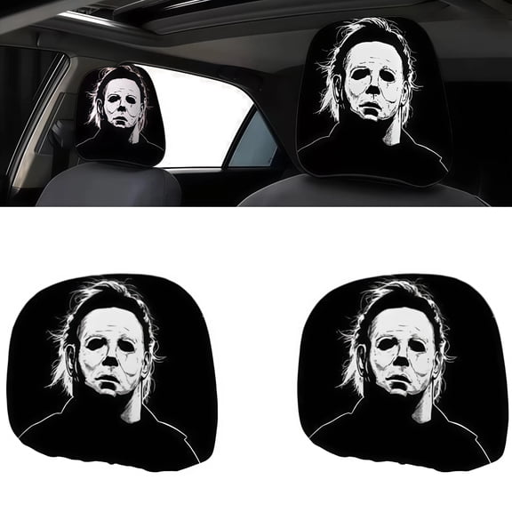 2PCS Ghost Face Headrest Covers, Universal Soft Polyester Headrest Cover with Horror Cartoon Print, Washable Elastic Interior Accessories for Car Truck SUV (Style A)