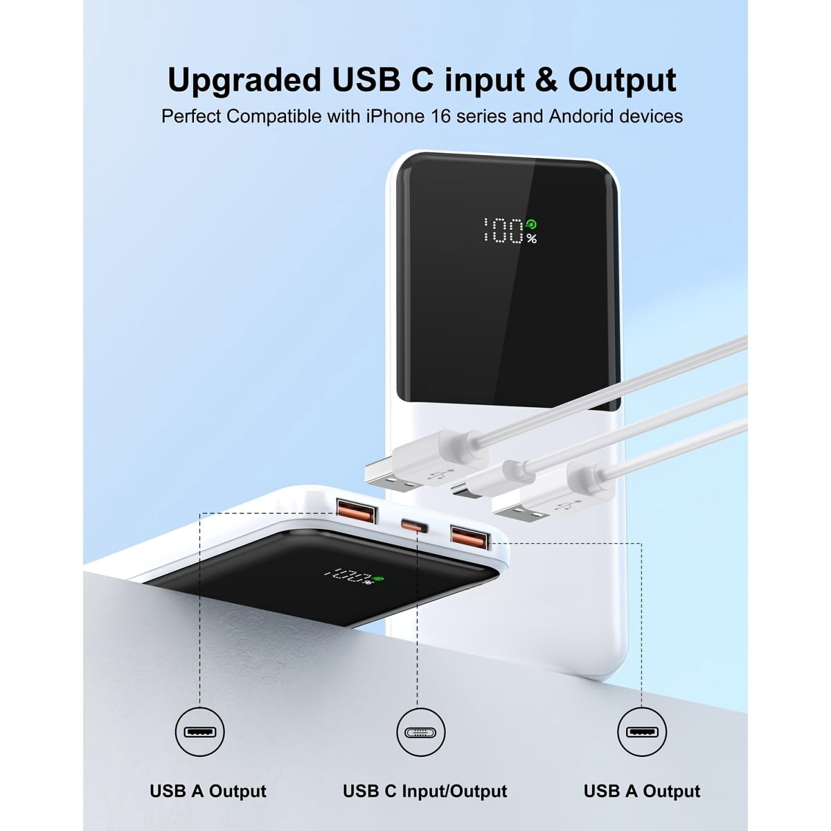 Portable Charger with Built-in Cables | Slim 10000mAh Travel Battery Pack, USB Type-C, 22.5W Fast Charging, Lithium Polymer Battery