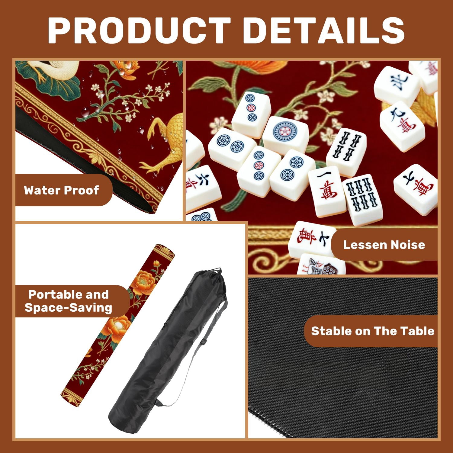 Mahjong Mat 31.5" x 31.5" Golden Crane Blossoming Peonies Ornate Floral Non-Slip Noise Reduction American Mahjong Tiles Table Cover for Dominoes Poker Card Board Games Gift