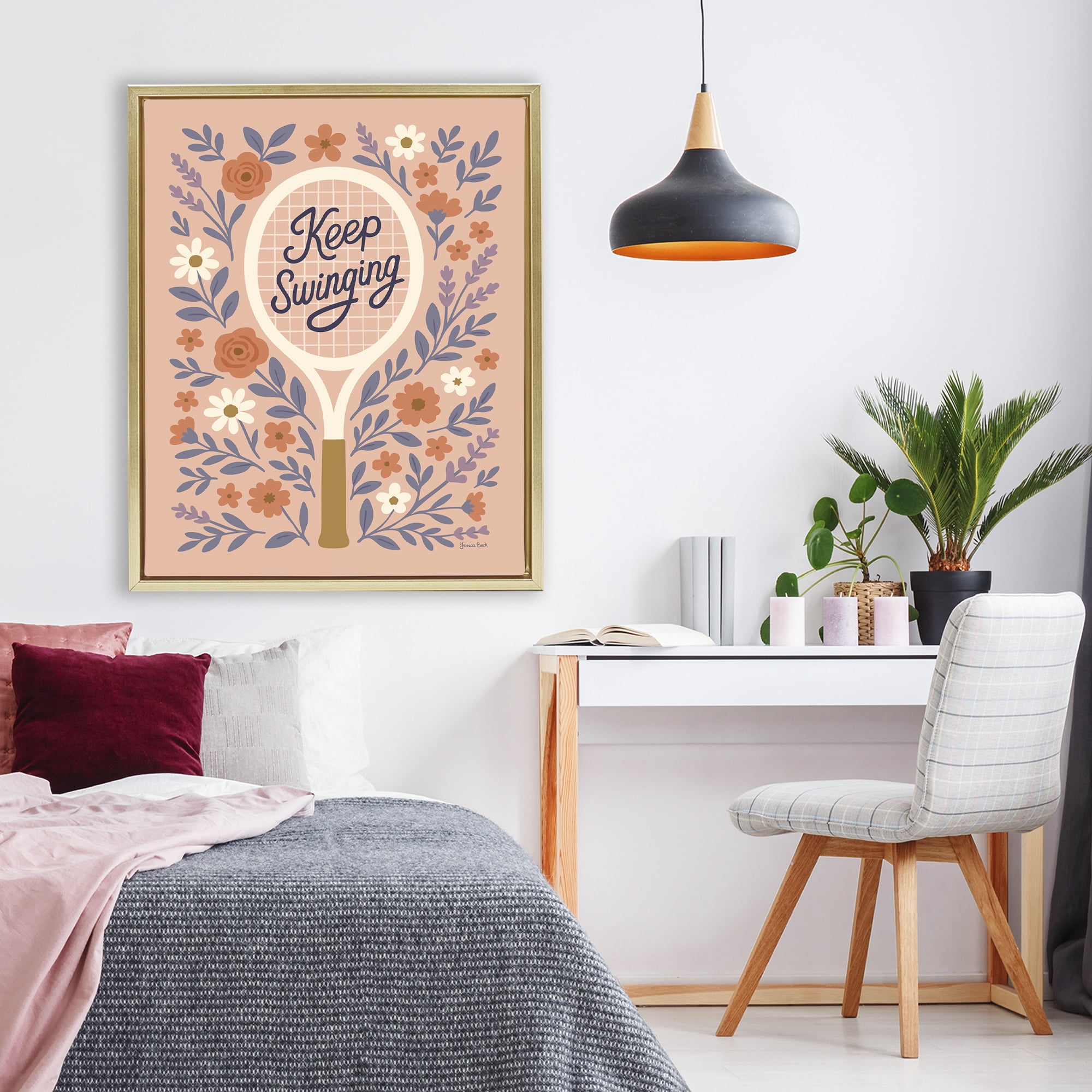 Stupell Industries Keep Swinging Floral Tennis Gold Framed Floater Canvas Wall Art, design by Jessica Beck
