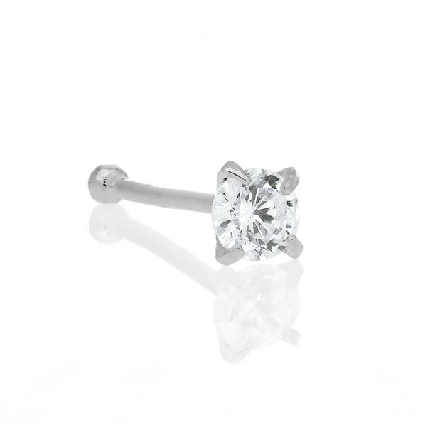 JewelStop 14K Solid White Gold Nose Ring Bone Cubic Zirconia Prong