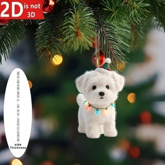 Feltree 2D Flat Snow-White Maltese Dog Christmas Tree Ornament for Holiday Gifts and Home Decor