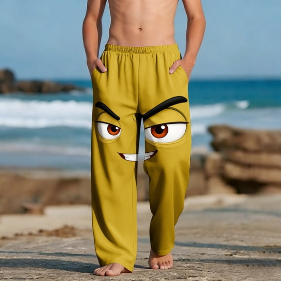 Kids Boys Angry Smile Face Graphic Pants Stretchy Waist Novelty Trousers for Outdoor Active Play, 4-13Y