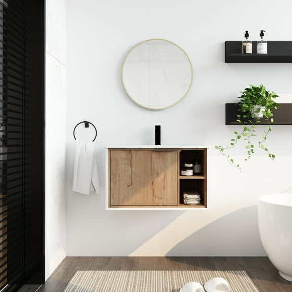 Noble House 30" Floating Wall-Mounted Bathroom Vanity, Ceramic Sink, Soft-Close Door, Open Racks, Imitative Oak