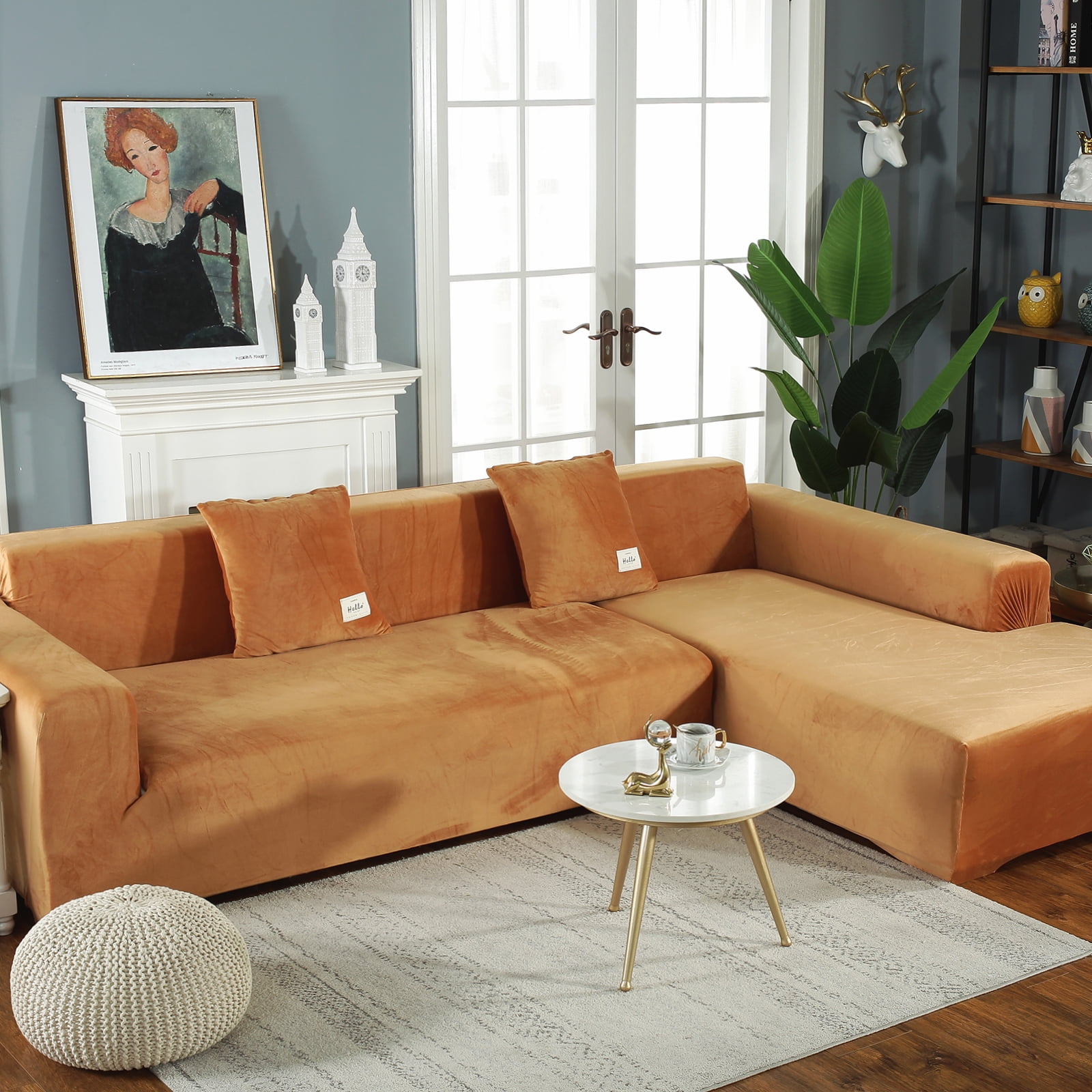 Eurhowing Velvet L-Shaped Sectional Sofa Cover with 4 Pillowcases, Stretch Soft Couch Slipcovers 3 Seater+4 Seater, Sofa Furniture Protector, Orange