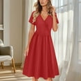 thumbnail image 2 of Umbreon Red Summer Dresses for Women Short Sleeve V Neck Midi Dress Pleated Solid Color Causal Loose Beach Vacation Dresse, 2 of 6