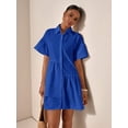 thumbnail image 3 of Royal Blue Solid Color Front Button Ruffle Hem Short Sleeve Vacation Dress, 3 of 7