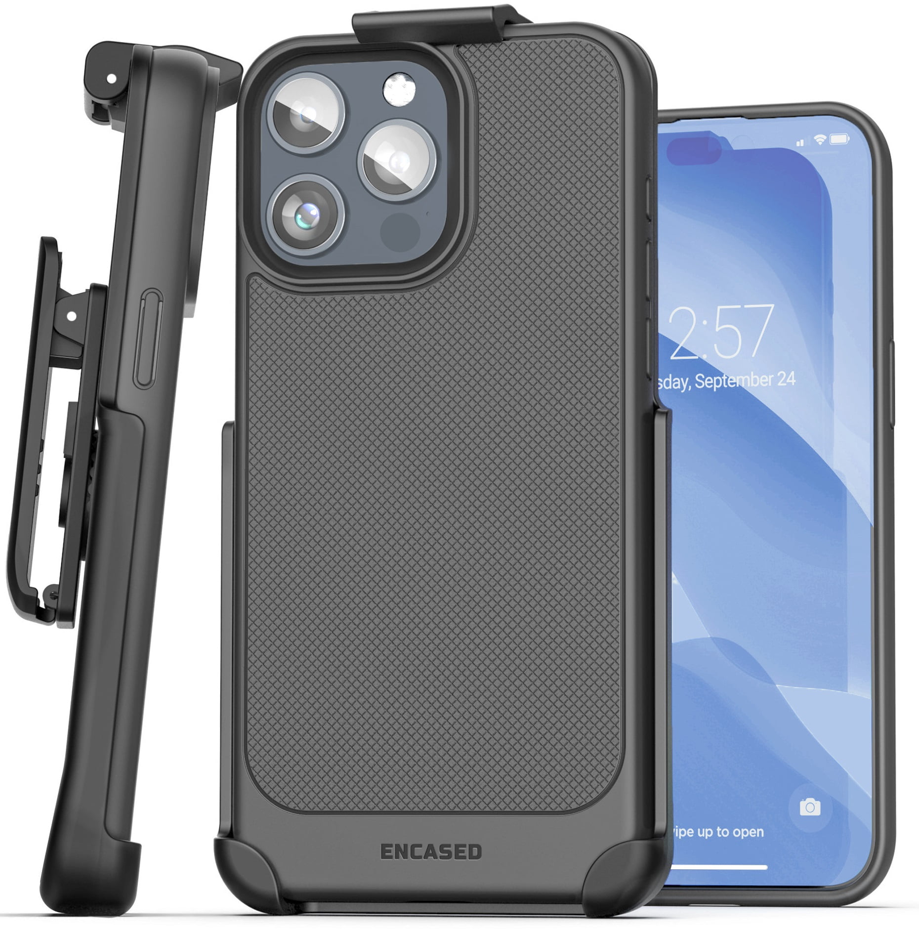 Encased Thin Armor Designed for iPhone 15 Pro Belt Clip Case, Slim Phone Case with Holster (Black)