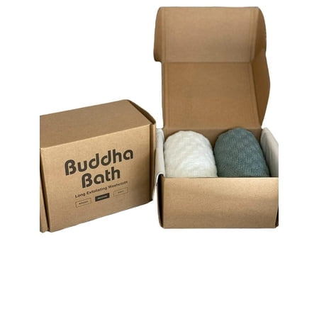 Buddha Bath Extra Long Exfoliating Shower Towel Washcloth (Medium Exfoliate) - Silver Blue & White - (2 Pack)