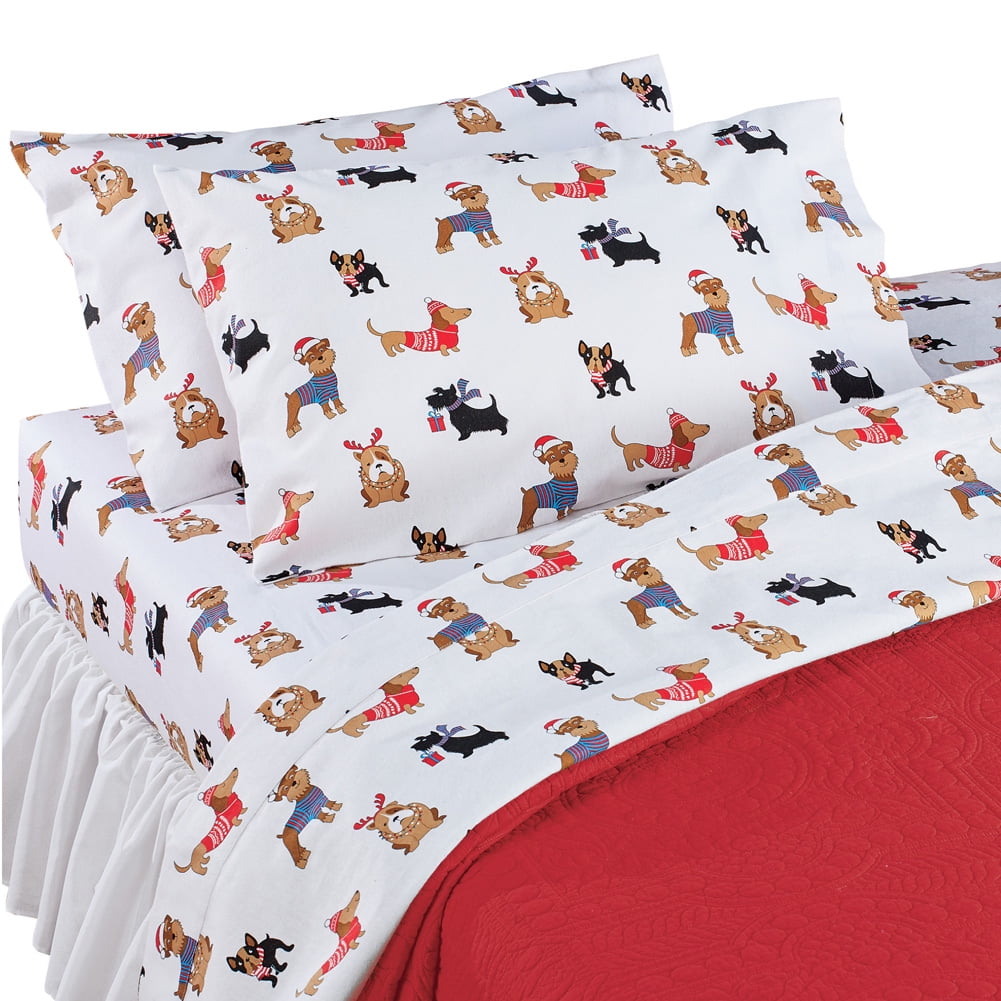 Festive Holiday Dogs Flannel Sheets Set Holiday Bedroom Decor for Dog