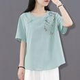 thumbnail image 5 of Tmtolofot Cotton Linen Tops For Women, Cuff Embroidered T-Shirts Female Round Neck Short-Sleeved Clothingloose Comfy Lightweight Shirt Cute Funny Waist Top，1_Green，X-Large, 5 of 6