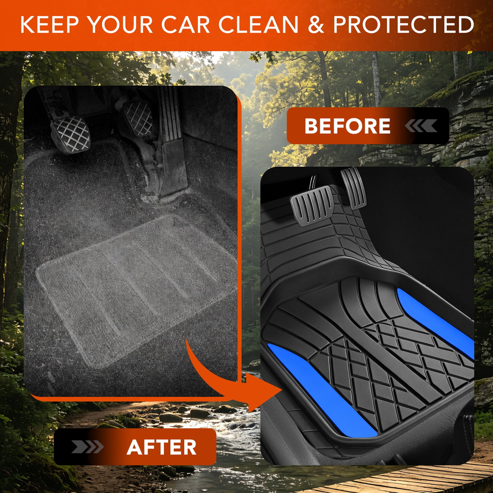 Ozark Trail Rubber Car Floor Mats, Heavy Duty Rubber Floor Mats, Injection Molded Aluminum Film, Trim-to-Fit All Weather Mats, Waterproof Easy-Clean Front and Rear Interior Protection, 3 Piece Blue