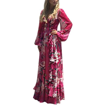 Womens Fashion Bohemian V Neck Print Big Swing Long Dress - Walmart.com