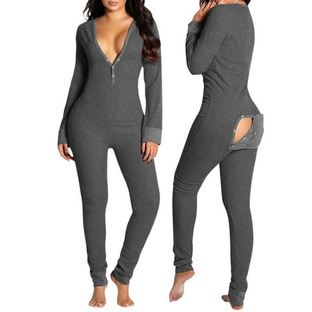 

Women s Sexy Butt Button Back Flap Onesies Christmas Pajamas V Neck Long Sleeve Romper Bodycon Jumpsuit