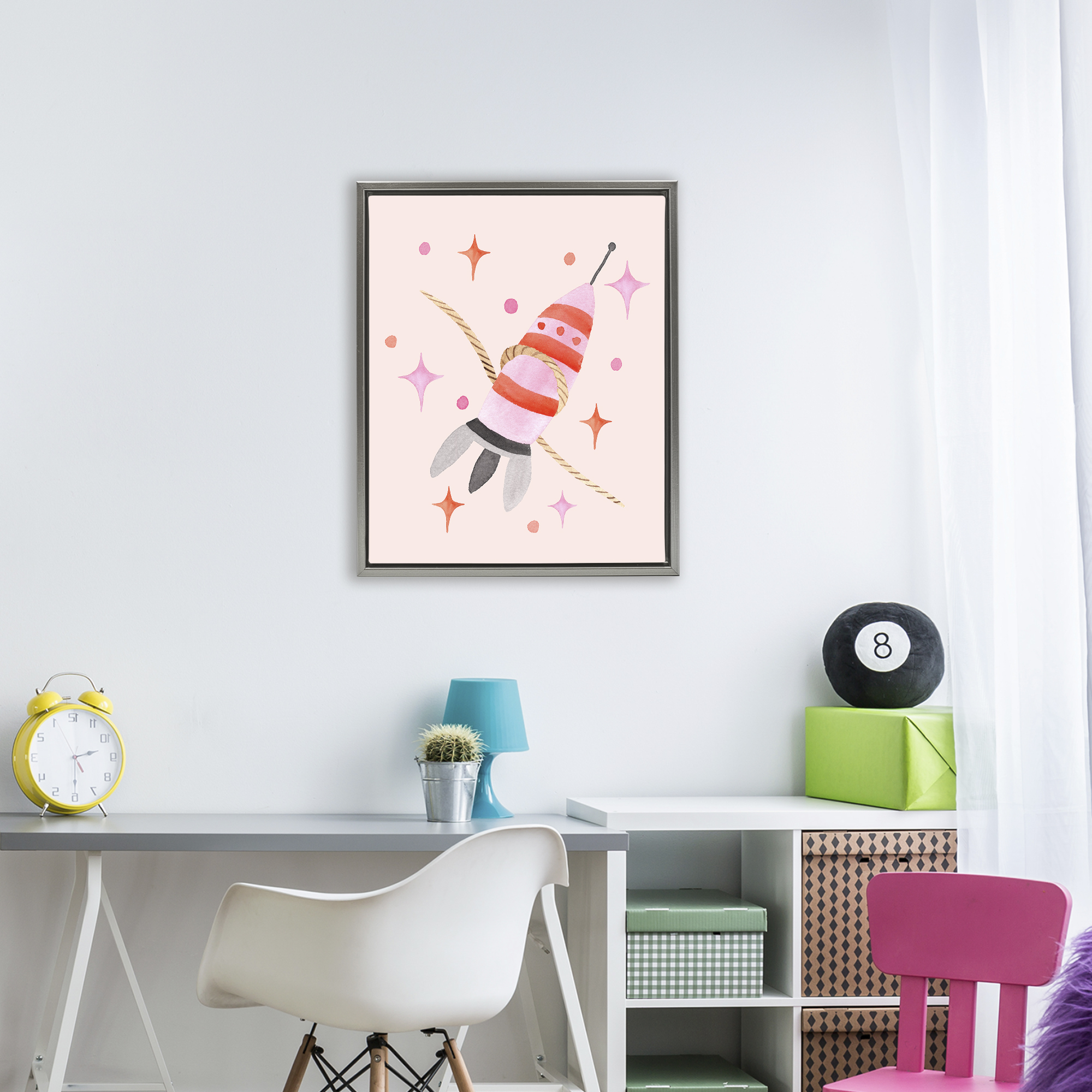 Spaceship with Lasso Gray Framed Floater Canvas Wall Art, design by Nina Jacobs