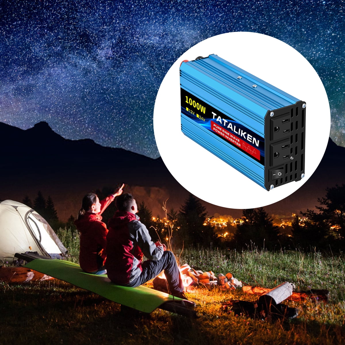 TATALIKEN 1000W（Rating power 400 W）Pure Sine Wave Power Inverter DC 12V to AC 110V/120V Car Inverter with Battery Clamp Cable 2 AC Outlets for Power Tools Home Vehicles RV Truck, LCD Display Blue